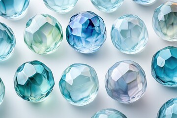 Fototapeta premium Collection of faceted, translucent blue and green spheres arranged on a white background.
