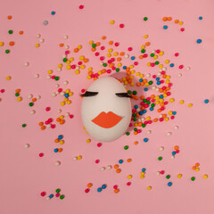 Easter egg with long eyelashes and red mouth lies on colorful crumbs. Minimal concept.