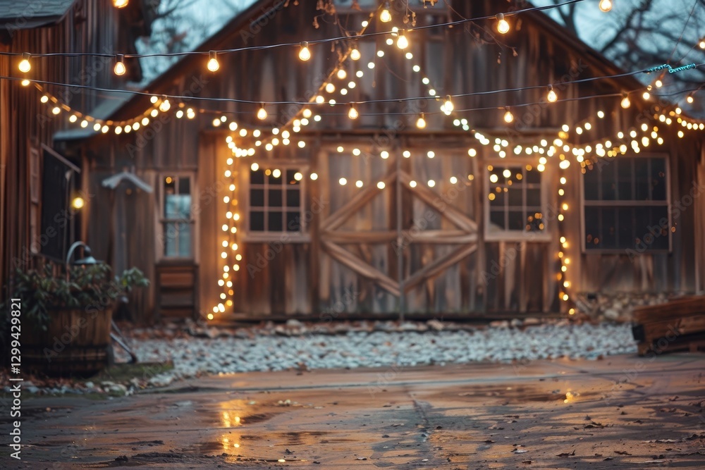 Poster a rustic barn illuminated by string lights on a clear evening, a rustic barn adorned with string lig