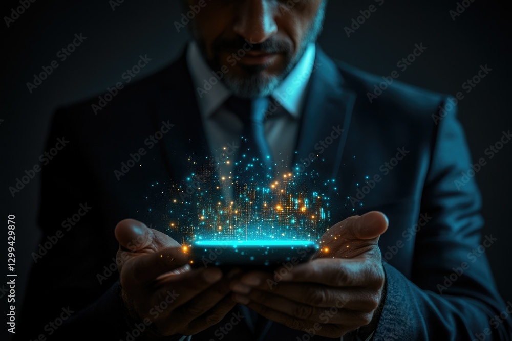 Aufkleber a businessman holds a smartphone displaying a vibrant, futuristic digital data visualization, repres