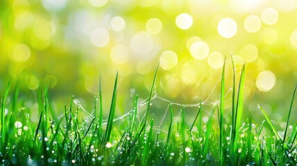 Obraz premium Dew-covered grass with spiderweb in morning sunlight.