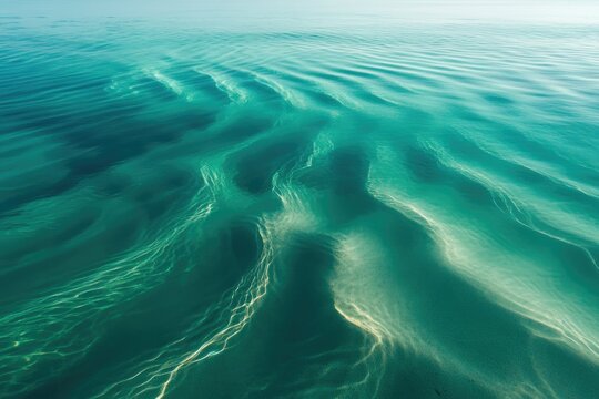 A mesmerizing aerial view of turquoise water with sandy ripples and sunlight reflections creating a stunning underwater landscape. - Powered by Adobe