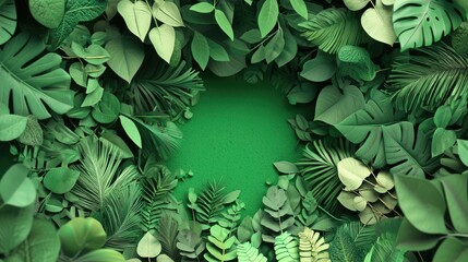 Lush green foliage frame, tropical leaves background, nature backdrop, design element