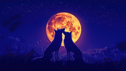 Two wolves silhouetted against a large orange moon at night.