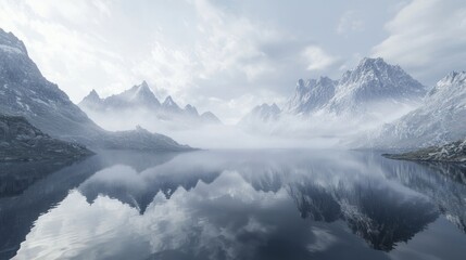 Fototapeta premium Misty mountain lake reflecting snow-capped peaks.
