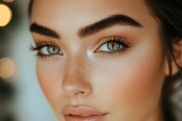 Fototapeta premium Close-up of a woman's face showcasing flawless makeup, emphasizing her eyes and eyebrows.