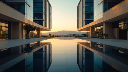 Fototapeta premium Symmetrical modern buildings reflected in a calm pool at sunrise.