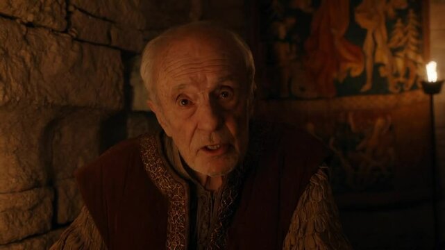 Elderly Storyteller Shares Ancient Tales by Candlelight in a Dimly Lit Stone Chamber