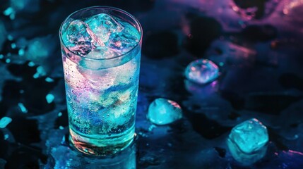 Neon-lit glass of ice water with scattered ice cubes.