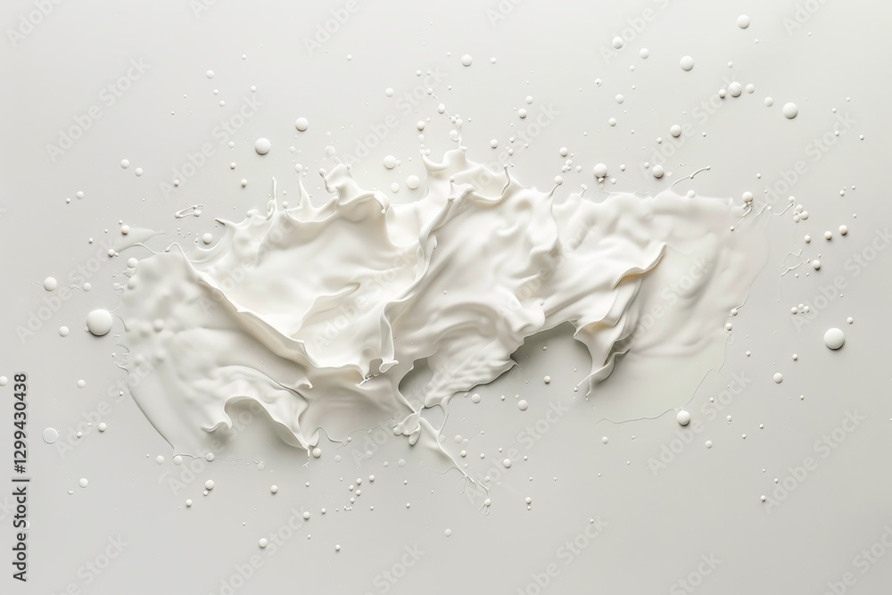Poster a white liquid splashes on a light gray background, forming abstract shapes and patterns, a white ba