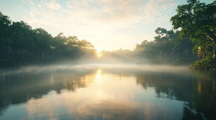 Misty sunrise over calm river in lush forest.