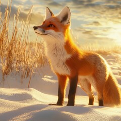 Fototapeta premium Red fox standing in snowy field at sunset.