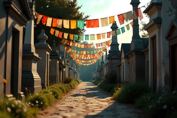 Colorful Decorations in a Cemetery During Dia de Muertos Celebration Traditions