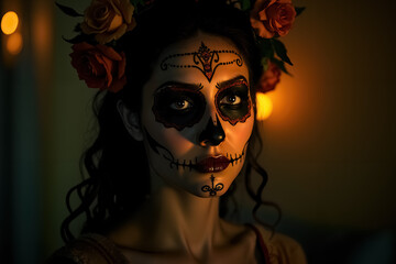 Culturally Rich Dia de Muertos Portrait with Beautiful Floral Decorations and Makeup