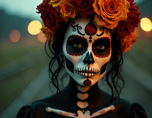 Stunning Dia de Muertos Woman with Traditional Sugar Skull Makeup and Floral Crown