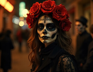 Stunning Dia de Muertos Celebration with Flowers and Intricate Sugar Skull Makeup