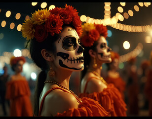 Celebrating Dia de Muertos Colorful Festival with Sugar Skull Face Paint and Flowers