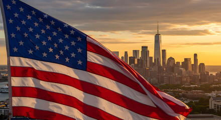 Naklejka premium American Flag Billowing in the Wind at Sunset