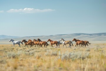 Fototapeta premium A herd of wild horses gallops across a vast open grassland in Montana, A herd of wild horses galloping freely across the open plains