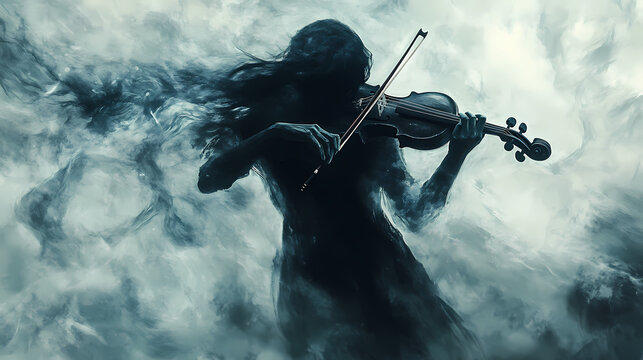 Violinista do caos e sombras sinistras / violinist of chaos and sinister shadows. haunted violinist in the shadows. illustration. Chaos - Storm. Illustration