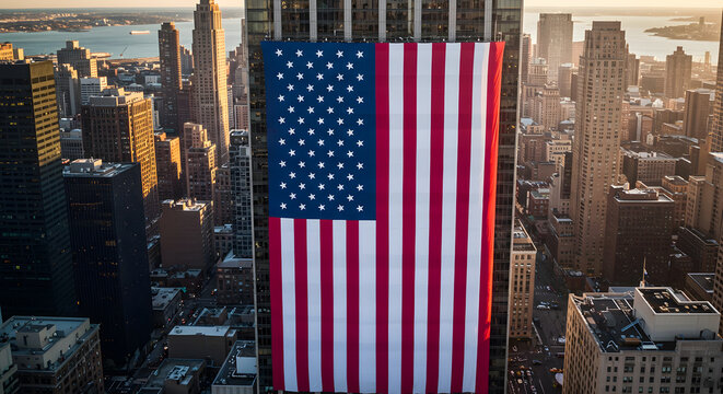 Large American Flag Hanging on a Tall Building