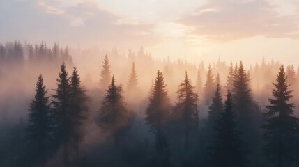 Obraz premium Misty sunrise over a dense evergreen forest.
