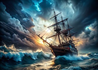 Ancient Ship Battling Tempestuous Waves - Dramatic Maritime Scene