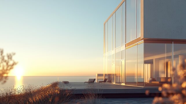 Modern glass house on cliff overlooking sunset ocean.