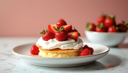 Fresh strawberry shortcake with whipped cream on a plate