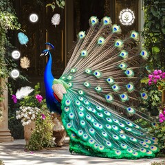 Obraz premium Magnificent Peacock Showcasing Its Vibrant Plumage in a Lush Botanical Garden
