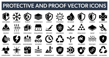 Protective and proof vector icons. Waterproof, fireproof, layered material and other. Protective clothing signs.