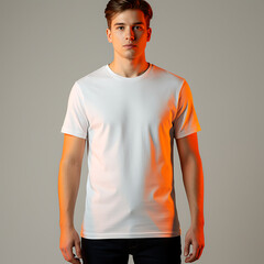 Man Wearing White T-shirt Standing in Studio with Orange Lighting