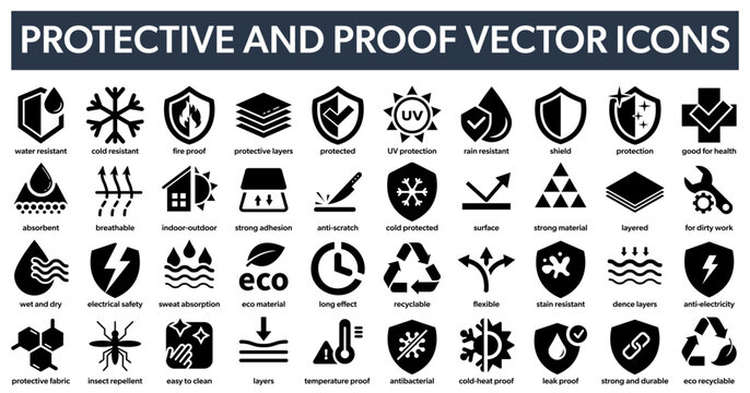Protective and proof vector icons. Waterproof, fireproof, layered material and other. Protective clothing signs.