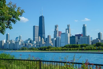 Naklejka premium A picturesque view of the Chicago skyline from a park along the lakefront, Highlight the dynamic skyline of Chicago, with varying heights and shapes