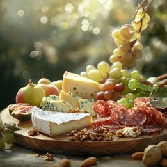 Gourmet cheese, fruit, and salami platter on wooden board.