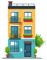 Cartoon illustration depicting a colorful residential building with multiple windows