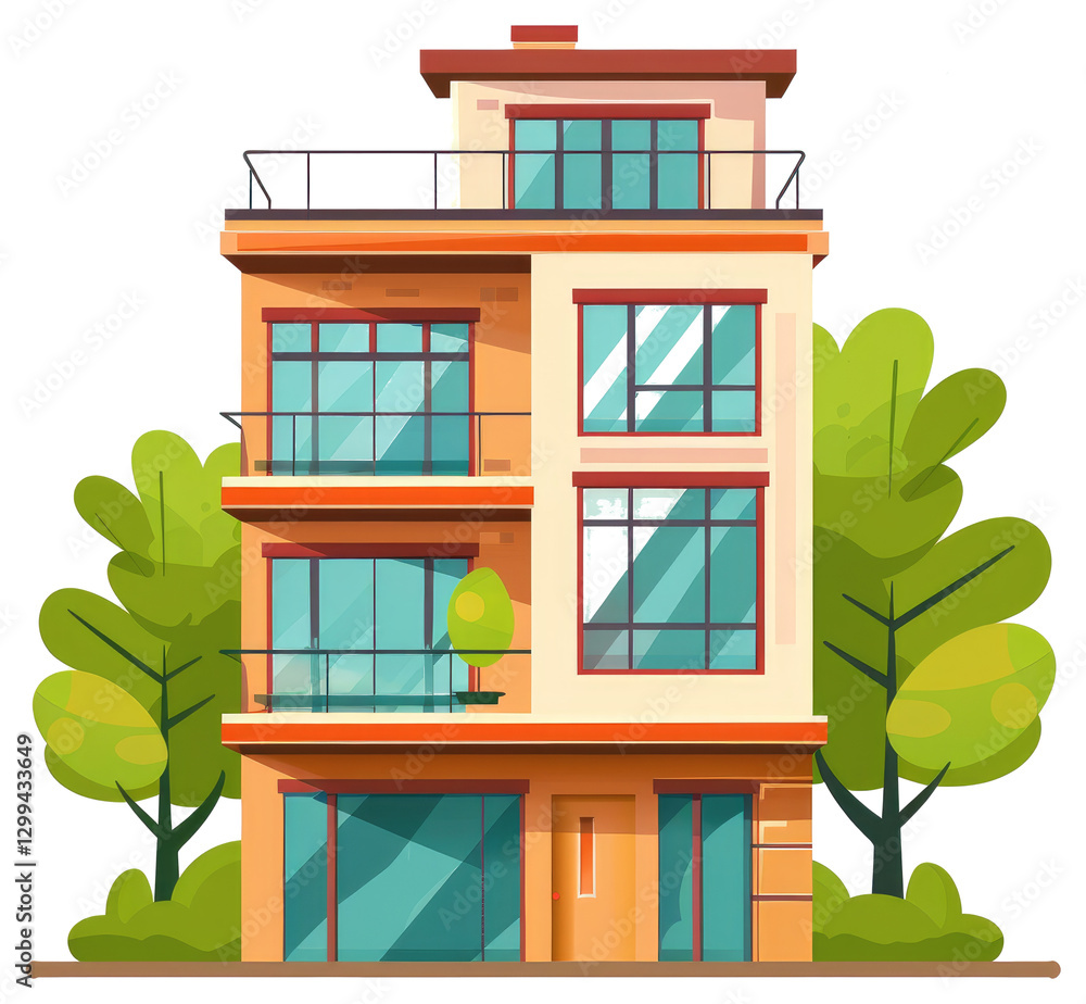 Poster a stylized multi level building with trees in a cartoon depiction