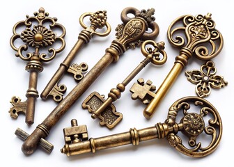 Antique Ornate Keys: Vintage Key Collection Isolated on White Background - Stock Photo