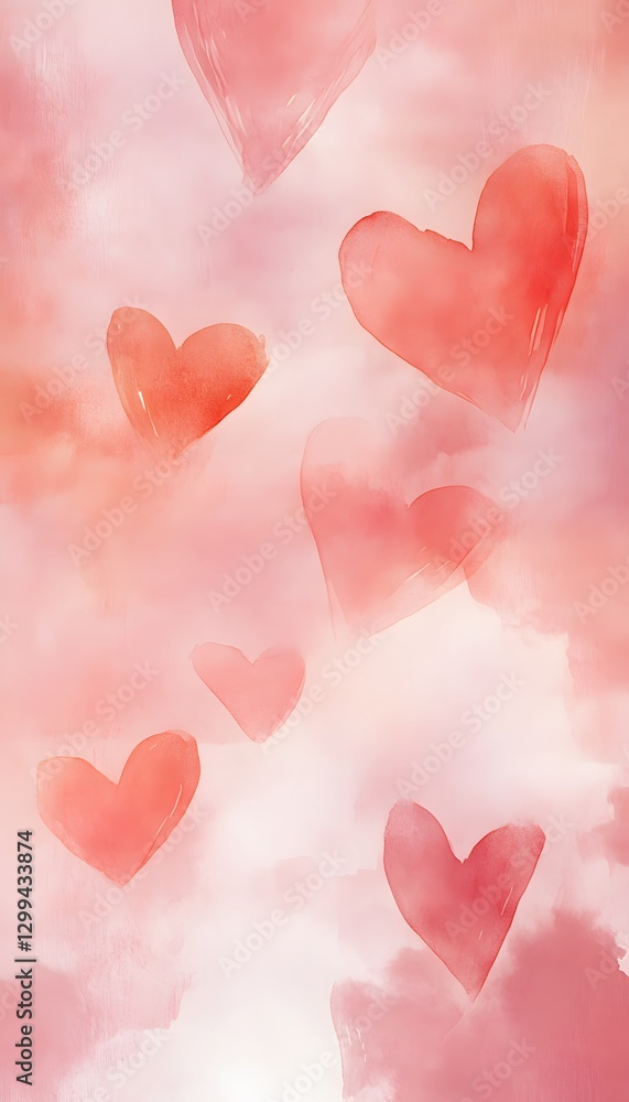 Poster several pink and red hearts floating in a soft abstract background