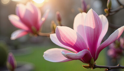 Fototapeta premium Magnolia blossoms in detail in a close-up shot taken in a garden