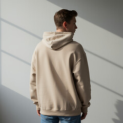 Man wearing beige hoodie stands near wall with shadow pattern