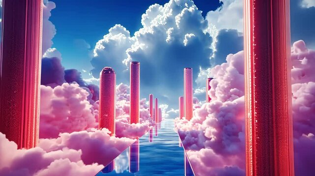 Flying through a surreal landscape with towering pink pillars emerging from fluffy clouds, leading along a reflective path toward the horizon. Bright and dreamy glowing pink cloud formations.