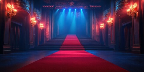 Elegant red carpet leading up to a grand staircase in a dimly lit luxury venue with dramatic lighting
