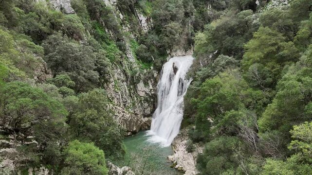 Aerial view of Polylimnio Waterfall in Messinia, Greece after heavy rainfall