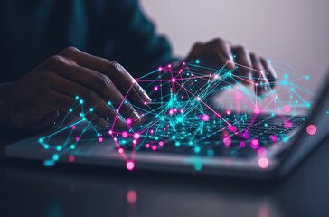 Hands type on Laptop with tech pattern overlaid. Concept programming, network