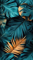 Teal and gold tropical leaves background, nature wallpaper