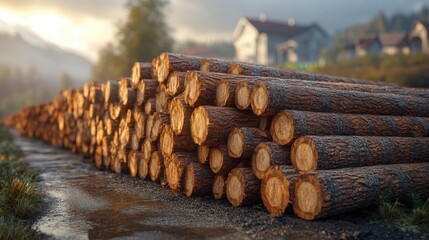 Stacked Logs On Forest Road At Sunrise