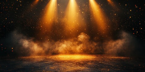 Naklejka premium Warm golden lights illuminate a stage with shimmering dust particles in a dimly lit setting