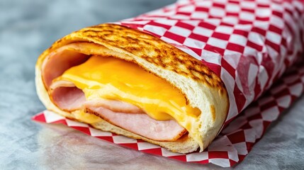 Delicious ham and cheese wrap served in a red checkered paper for a tasty meal.