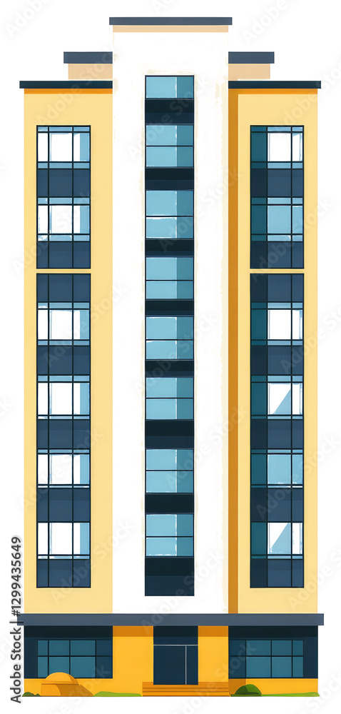Poster a colorful tall building with many windows and architectural design